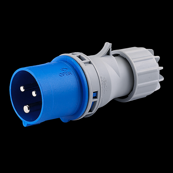 MACHO VOLANTE 2P+T 16A PARA 220–250 V (6H), IEC 60309, IP44, AZUL. PORTÁTIL Y SEGURO, CONTACTOS NIQUELADOS Y CARCASA PA6 PARA USO INDUSTRIAL.